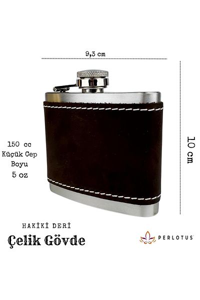 PERLOTUS 5 oz 150 Cc Dark Brown Handmade Steel Whiskey Hip Flask with Crazy Leather Case