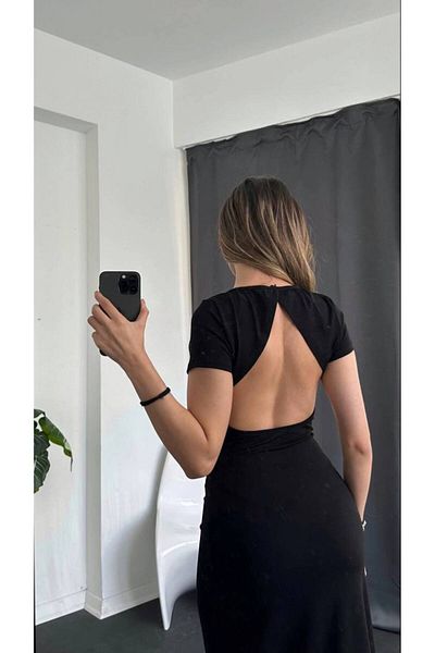 OlaLady Γυναικείο κοντομάνικο φόρεμα με χαμηλό πίσω μέρος και σχισμή μίνι μήκους Basic