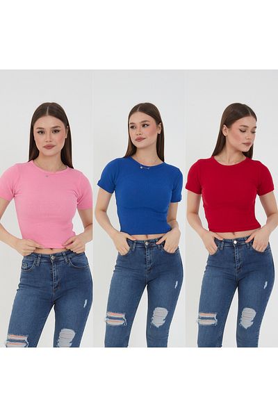 Wearflawless Women's 3-Piece Short Sleeve Ribbed Crew Neck 100% Cotton Knitted Camisole Crop T-Shirt