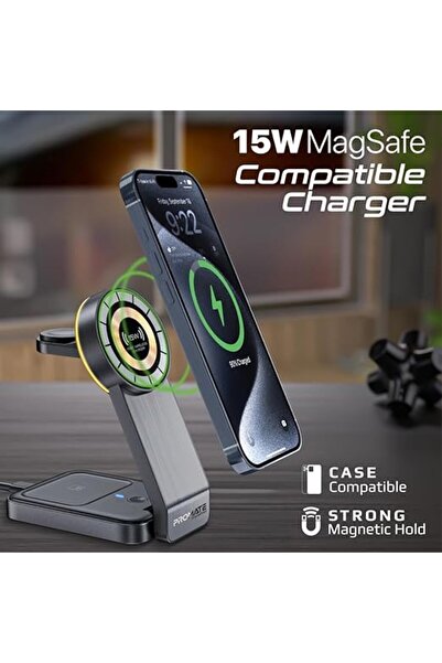 Promate 3-in-1 Charging Station, 15W MagSafe, 3W Smartwatch, 5W AirPods, Night Light, TransFold