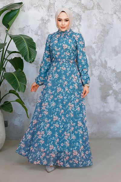 Neva Style Φόρεμα με λουλουδάτο μοτίβο Çağla Green Hijab 52682CY