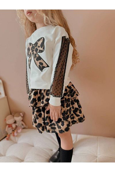 YİGİT BUTİK Set de jos și de sus pentru fete cu fustă leopard imprimată cu fundă
