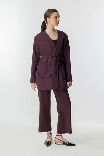 Hooopstore Meri Knitted Rope Detailed Burgundy Jacket Set