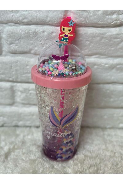 Zizu Colorful Mica Lighted Double Layer Glass Water Bottle with Straw 500 ml