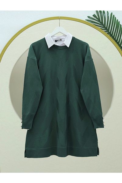 Modamorfo Emerald Zigzag Patterned Slit Knitwear Tunic