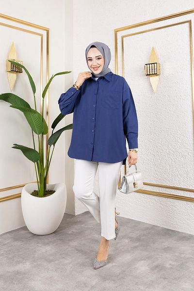 Eliva Cămașă Hijab pentru femei, albastru închis, cu mânecă lungă, cu un singur buzunar