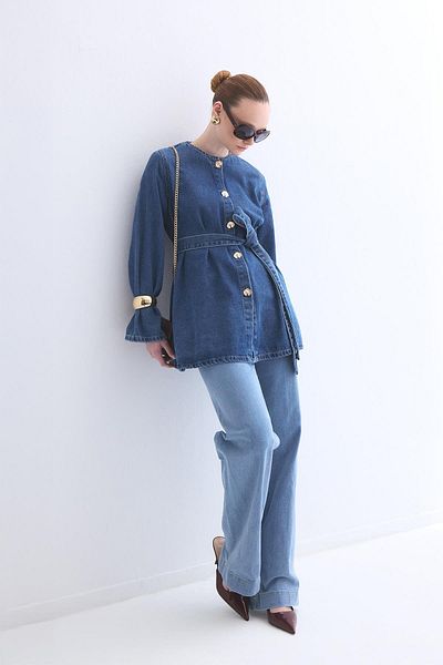 Ahel Tasarım Maria Belted Denim Jacket - Ice Blue