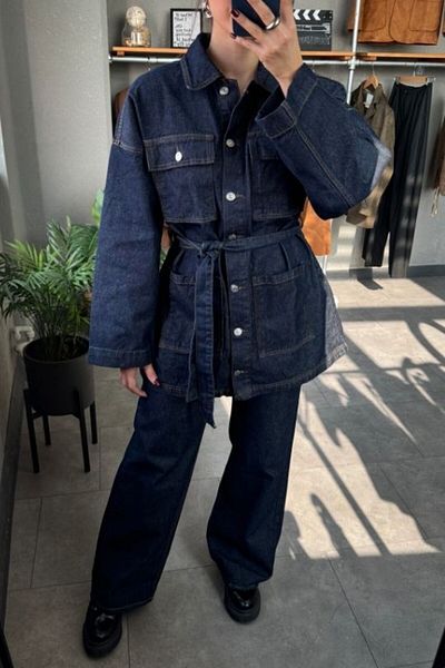 YOUR NAME Navy Denim Jacket Jean Set with Belted Pocket Detail
