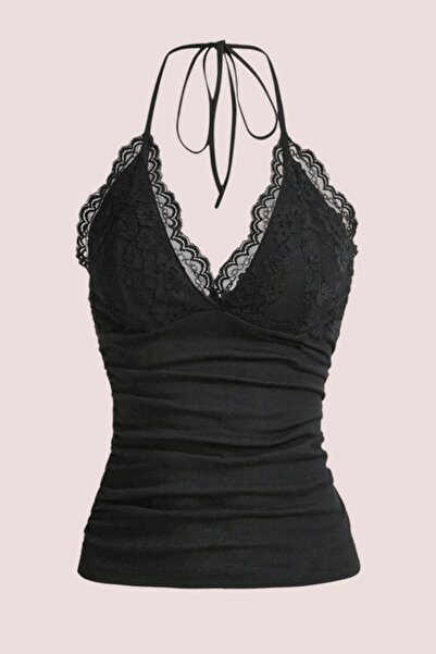 Karakedi Μπλούζα με λεπτομέρεια με κορδόνι με μαύρο λαιμό με δαντέλα V λαιμόκοψη