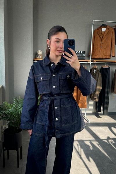 YOUR NAME Navy Denim Jacket Jean Set with Belted Pocket Detail