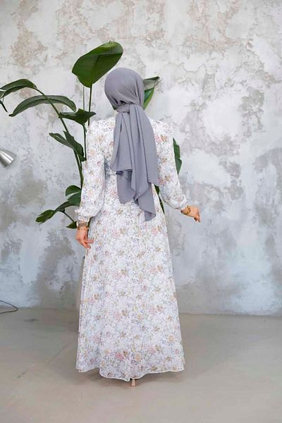 Neva Style Rochie Hijab alb muștar cu imprimeu floral 50812BHR