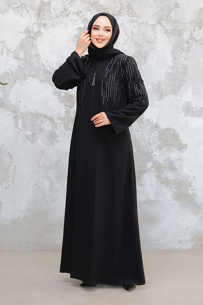 Neva Style Patterned Black Hijab Abaya 15079S