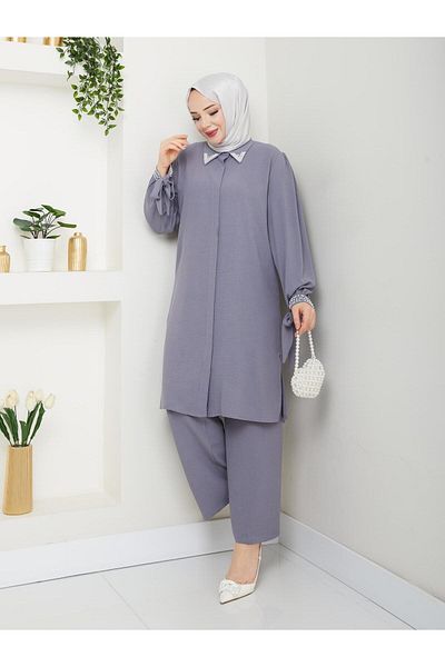 asyadabutik Large Size Double Hijab Set with Pearl Beaded Collar and Cuffs