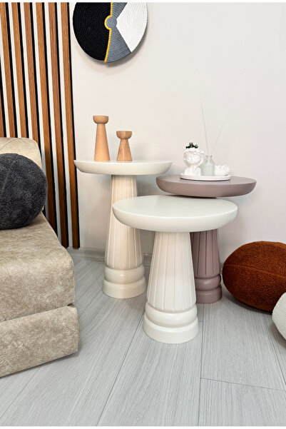 AYLESA Doğal Ahşap 3’lü Set Mantar Yan Sehpa Modern Renkli Fiskos Zigon Çiçeklik