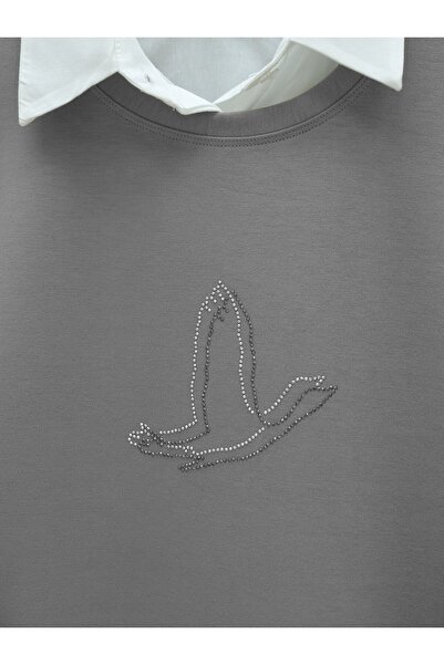 Modamorfo Туніка з каменями та пташиним візерунком - світло-сіра