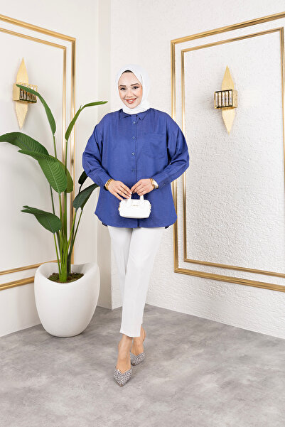 Eliva Жіноча сорочка Saks синя з довгими рукавами та однією кишенею