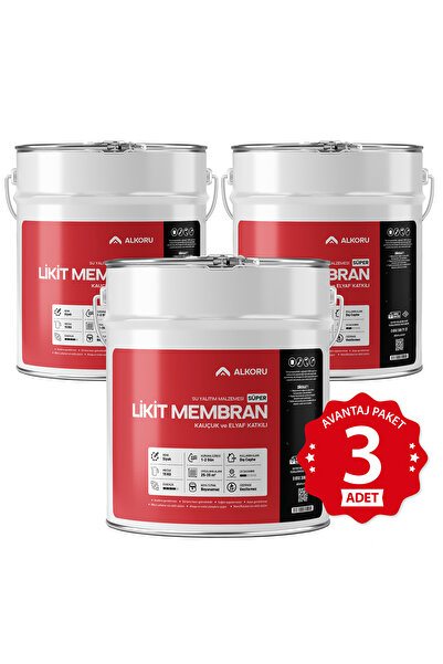 ALKORU 3 Adet 15 KG Süper Likit Membran Kauçuk ve Elyaf Katkılı Sıvı Su Yalıtım Malzemesi Av