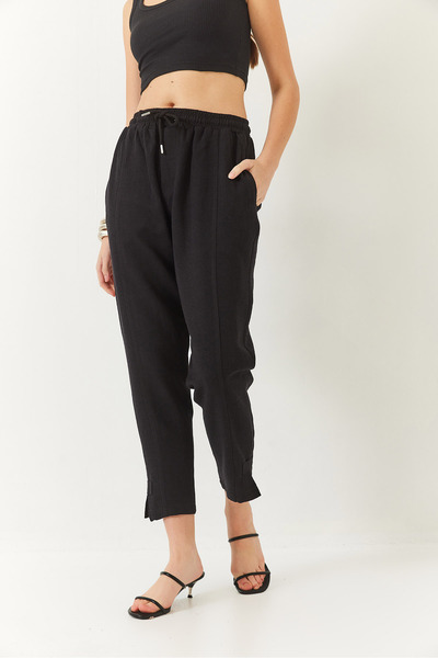 Bianco Lucci Women's Linen Elastic Waist Tie-Up Trousers with Detailed Pockets and Carrot Cut 60261419