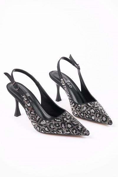 MUGGO Midnight Women's Pointed Toe Leopard Detail Open Back Casual Classic Heeled Evening Dress Shoes