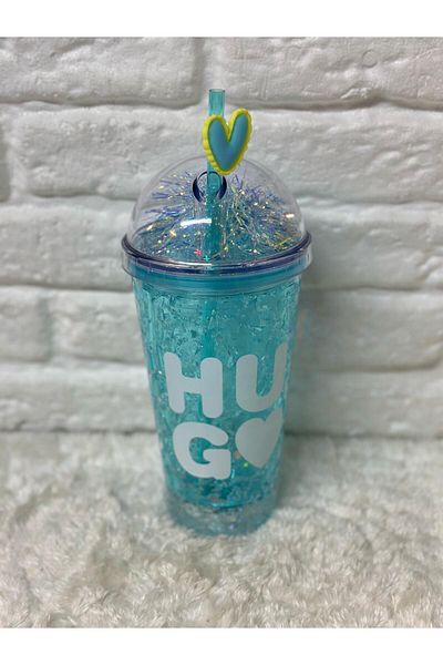 Zizu Colorful Mica Lighted Double Layer Glass Water Bottle with Straw 500 ml