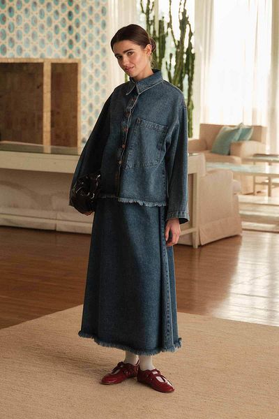 Hooopstore Costum cu fustă denim albastru adânc