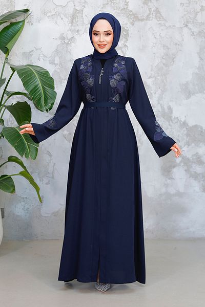 Neva Style Embroidered Navy Blue Hijab Ferace 29124L
