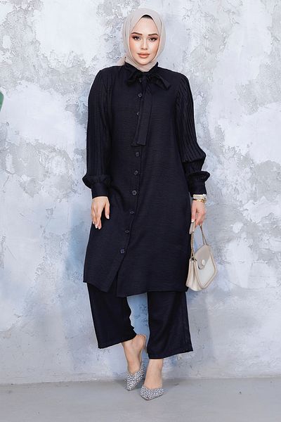 Neva Style Black Hijab Double Suit with Pleated Handles 51991S