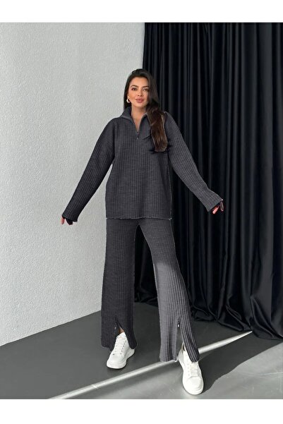 miratriko Zipper Detail Knitwear Sweater Trousers Double Set