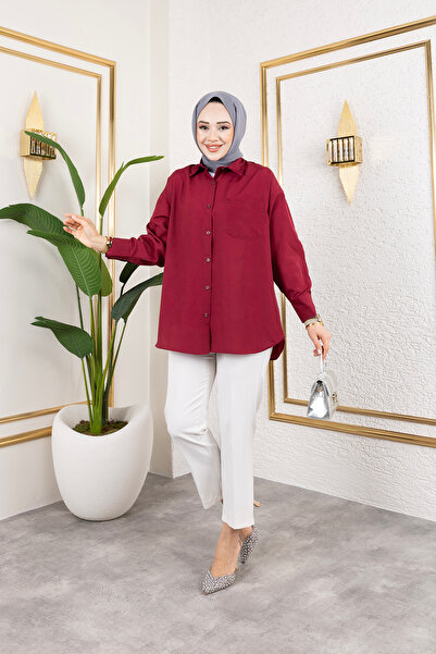 Eliva Дамска бордо риза с дълъг ръкав и един джоб за хиджаб