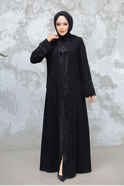 Neva Style Abaya hijab neagră cu dungi cu model (model 18004S)