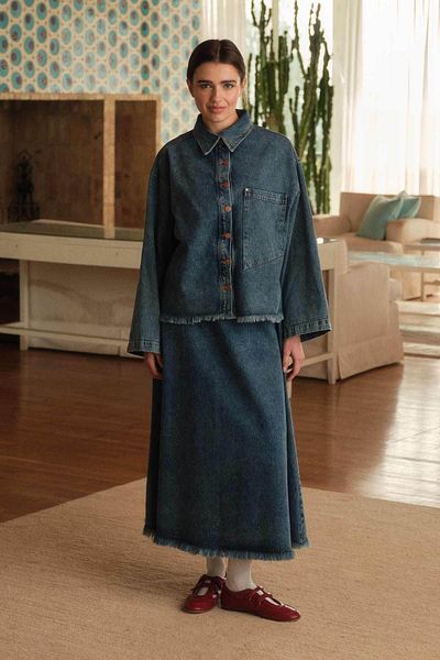 Hooopstore Costum cu fustă denim albastru adânc