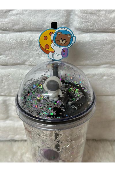 Zizu Colorful Mica Lighted Double Layer Glass Water Bottle with Straw 500 ml