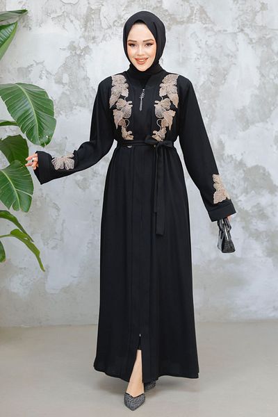 Neva Style Embroidered Black Beige Hijab Ferace 29124Sbej