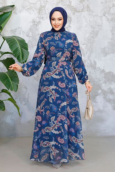 Neva Style Rochie Hijab Verde Petrol cu ​​Model Floral 52681PY