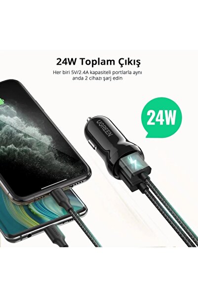 Ugreen Çift Portlu 24w Araç Çakmaklık Hızlı Şarj Cihazı