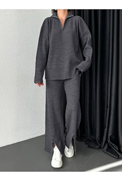 miratriko Zipper Detail Knitwear Sweater Trousers Double Set