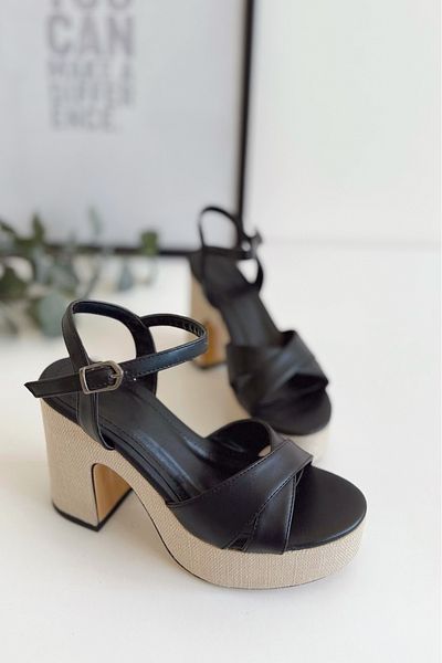POLKA STORE Linen Coated Platform Cross Strap Open Toe High Thick Heeled Women's Shoes