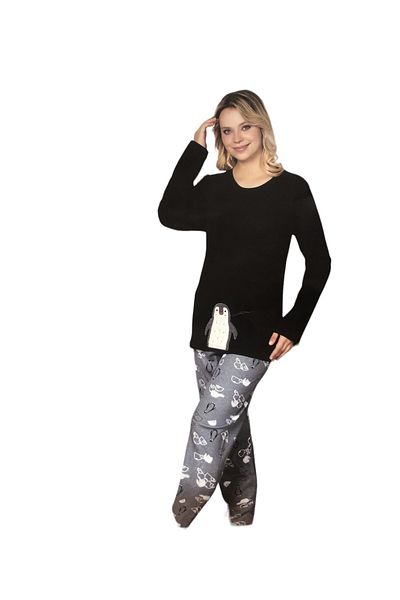 Zirve Black Interlock Winter Long Sleeve Pajamas Set - 1007