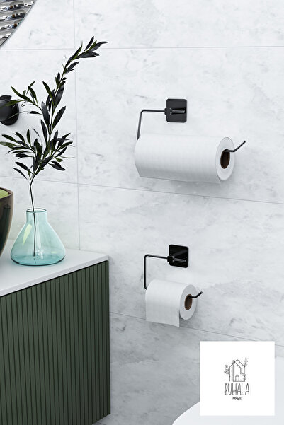 PUHALA HOUSE Suport pentru hârtie igienică cu design adeziv, negru, suport pe...