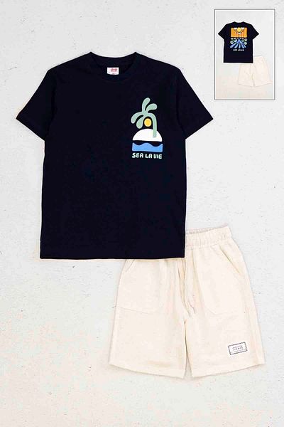 wakawakakidsstore Costum pentru băiat cu pantaloni scurți imprimați în față și în spate