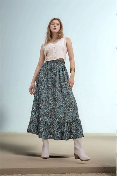 OlaLady Γυναικεία ελαστική μέση με κουμπιά υφαντή φούστα βισκόζης