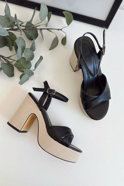 POLKA STORE Linen Coated Platform Cross Strap Open Toe High Thick Heeled Women's Shoes
