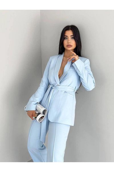 Ekim Store Set de pantaloni cu sacou cu curea dubla