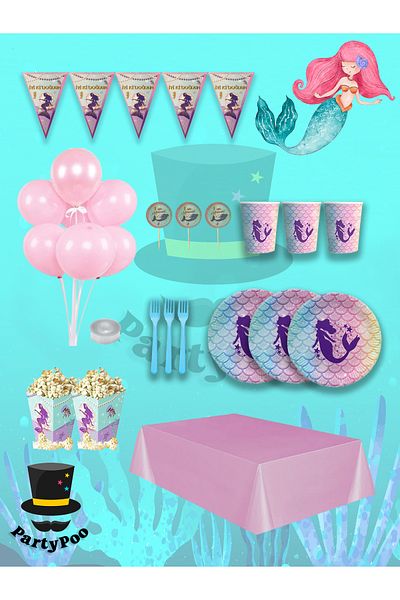 PartyPoo Mermaid Themed Midi Birthday Set for 16 People |   Party Supplies and Decorations