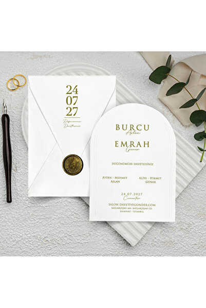 GNDR Mühürlü Beyaz Zarflı Dikey Düğün Davetiyesi - 1005