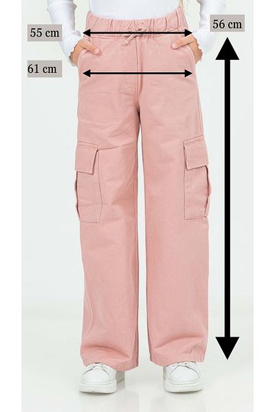 Waka Waka Gabardine Girl's Trousers - Powder, Cargo Pocket and Elastic Waist, Cord Tie - Age 4-5