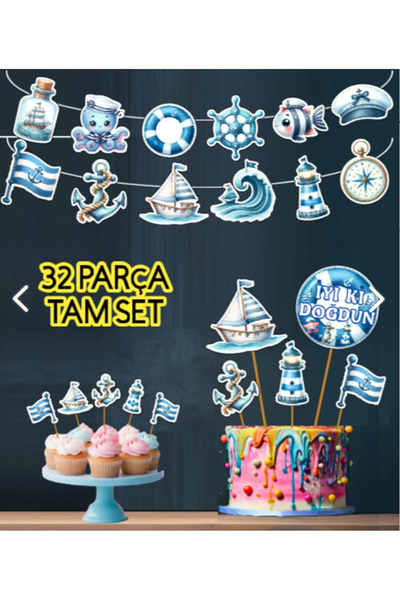 Hiras Dizayn Kaptan 32Parça Denizci Temalı Deniz Kaptan Doğum Günü Seti Banne...