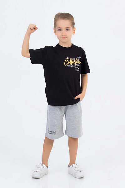 wakawakakidsstore Boys' Suit with Printed Crew Neck Shorts - Black - 5-6 Years