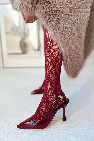 POLKA STORE Saint Gold Cataramă metalică Detaliată vârf ascuțit Spate deschis Rochie de seară Stiletto Pantofi de damă cu toc
