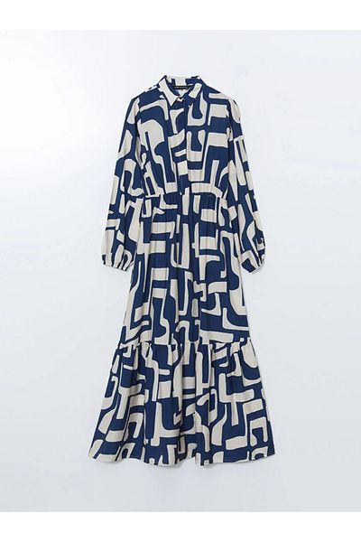 LC Waikiki Γυναικείο φόρεμα με σχέδιο LCW Modest Navy Blue πουκάμισο με γιακά